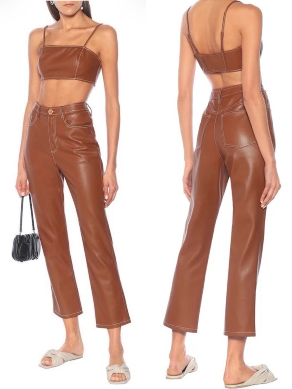 Staud Eli straight leg high-rise vegan leather trouser pants in whiskey US 0 NEW
